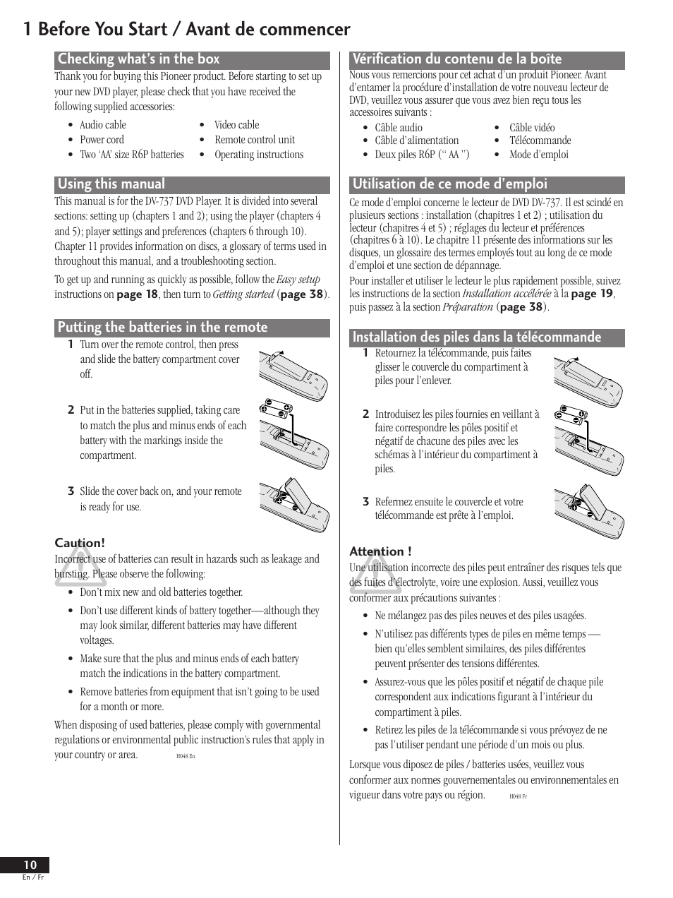 1 before you start / avant de commencer, Checking what’s in the box, Using this manual | Putting the batteries in the remote, Vérification du contenu de la boîte, Utilisation de ce mode d’emploi, Installation des piles dans la télécommande | Pioneer DV-737 User Manual | Page 10 / 156