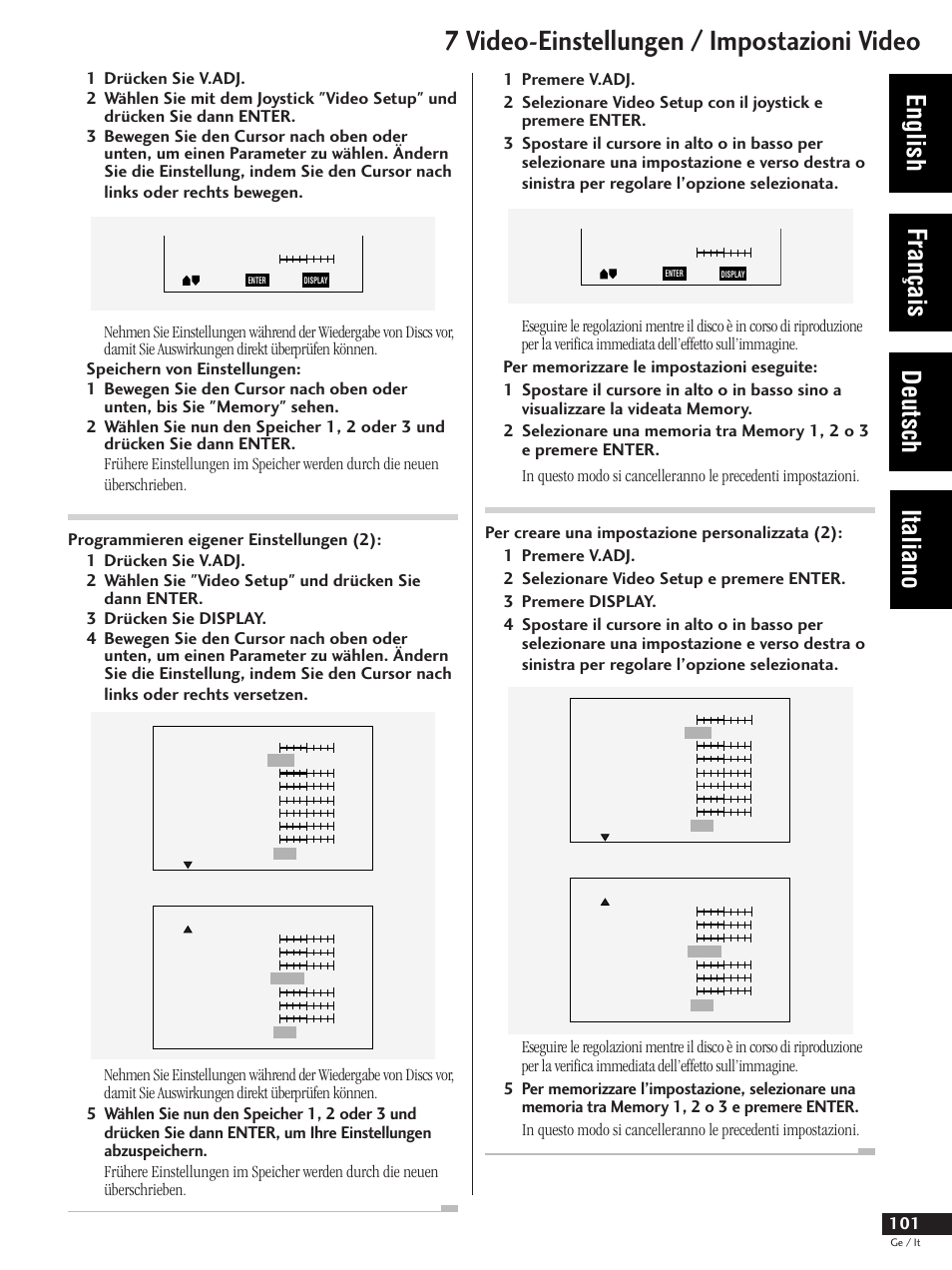 7 video-einstellungen / impostazioni video, English français deutsch italiano | Pioneer DV-737 User Manual | Page 101 / 156