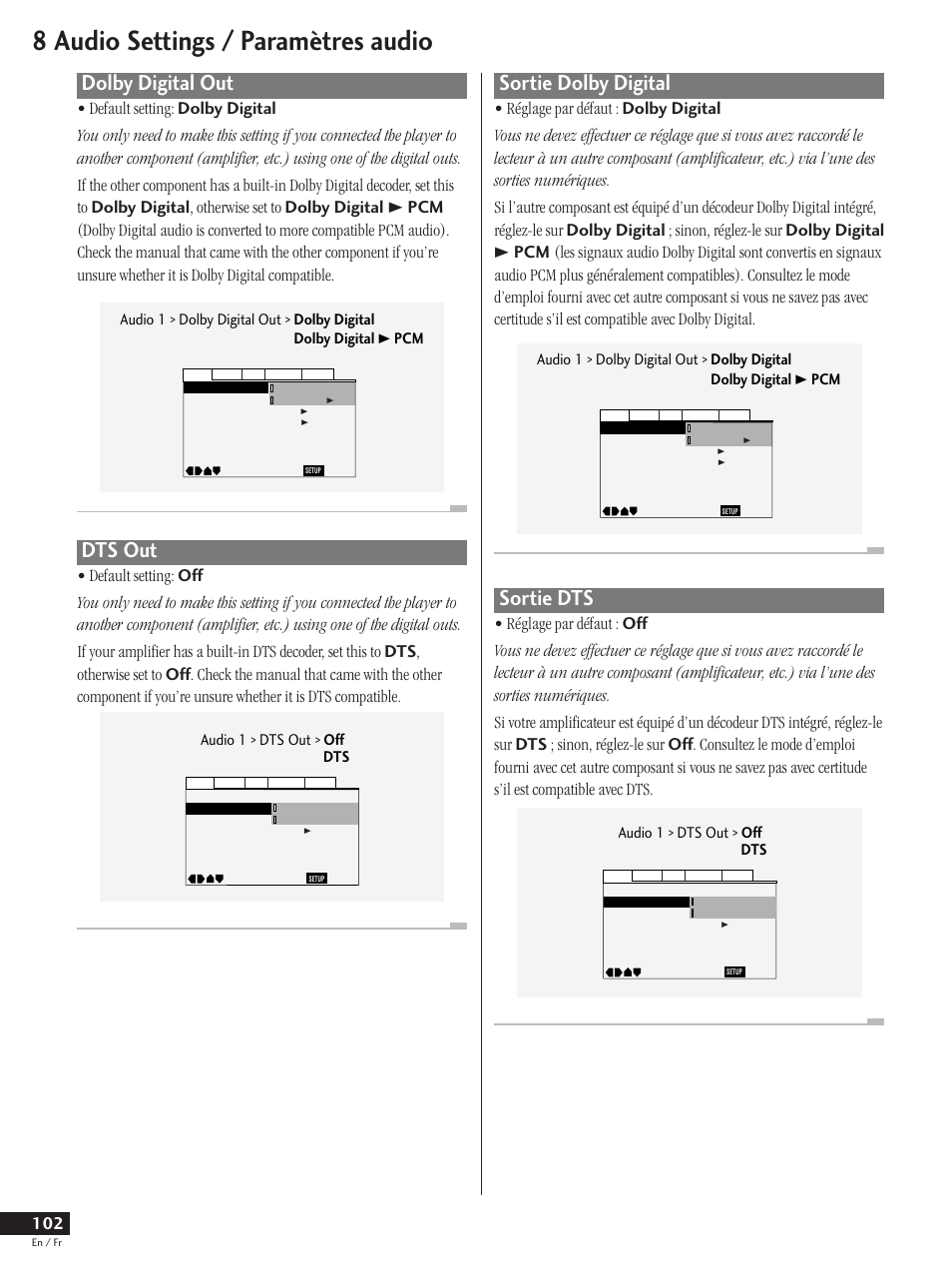 Dolby digital out dts out, Sortie dolby digital sortie dts, 8 audio settings / paramètres audio | Dolby digital out, Dts out, Sortie dolby digital, Sortie dts, Audio 1 > dts out > off dts | Pioneer DV-737 User Manual | Page 102 / 156