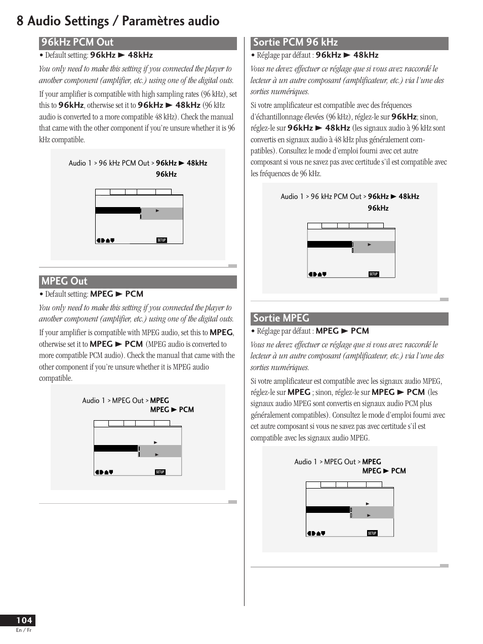 Linear pcm out mpeg out, Sortie pcm 96 khz sortie mpeg, 8 audio settings / paramètres audio | 96khz pcm out, Mpeg out, Sortie pcm 96 khz, Sortie mpeg, Audio 1 > mpeg out > mpeg mpeg 3 pcm | Pioneer DV-737 User Manual | Page 104 / 156