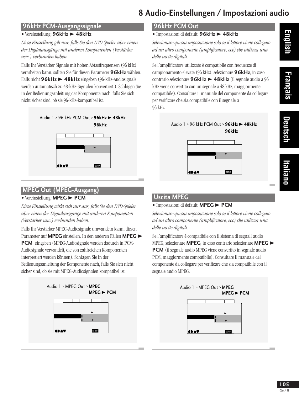 96khz pcm-ausgangssignale mpeg out (mpeg-ausgang), Uscita pcm 96 khz uscita mpeg, 8 audio-einstellungen / impostazioni audio | English français deutsch italiano, 96khz pcm out, Uscita mpeg, 96khz pcm-ausgangssignale, Mpeg out (mpeg-ausgang) | Pioneer DV-737 User Manual | Page 105 / 156