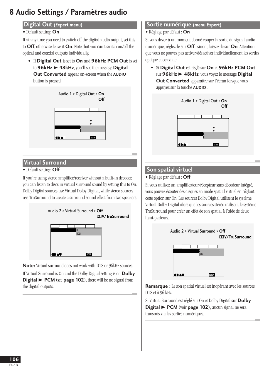 Digital out (expert menu) virtual surround, Sortie numérique (menu expert) son spatial virtuel, 8 audio settings / paramètres audio | Digital out, Virtual surround, Sortie numérique, Son spatial virtuel, Button is pressed | Pioneer DV-737 User Manual | Page 106 / 156