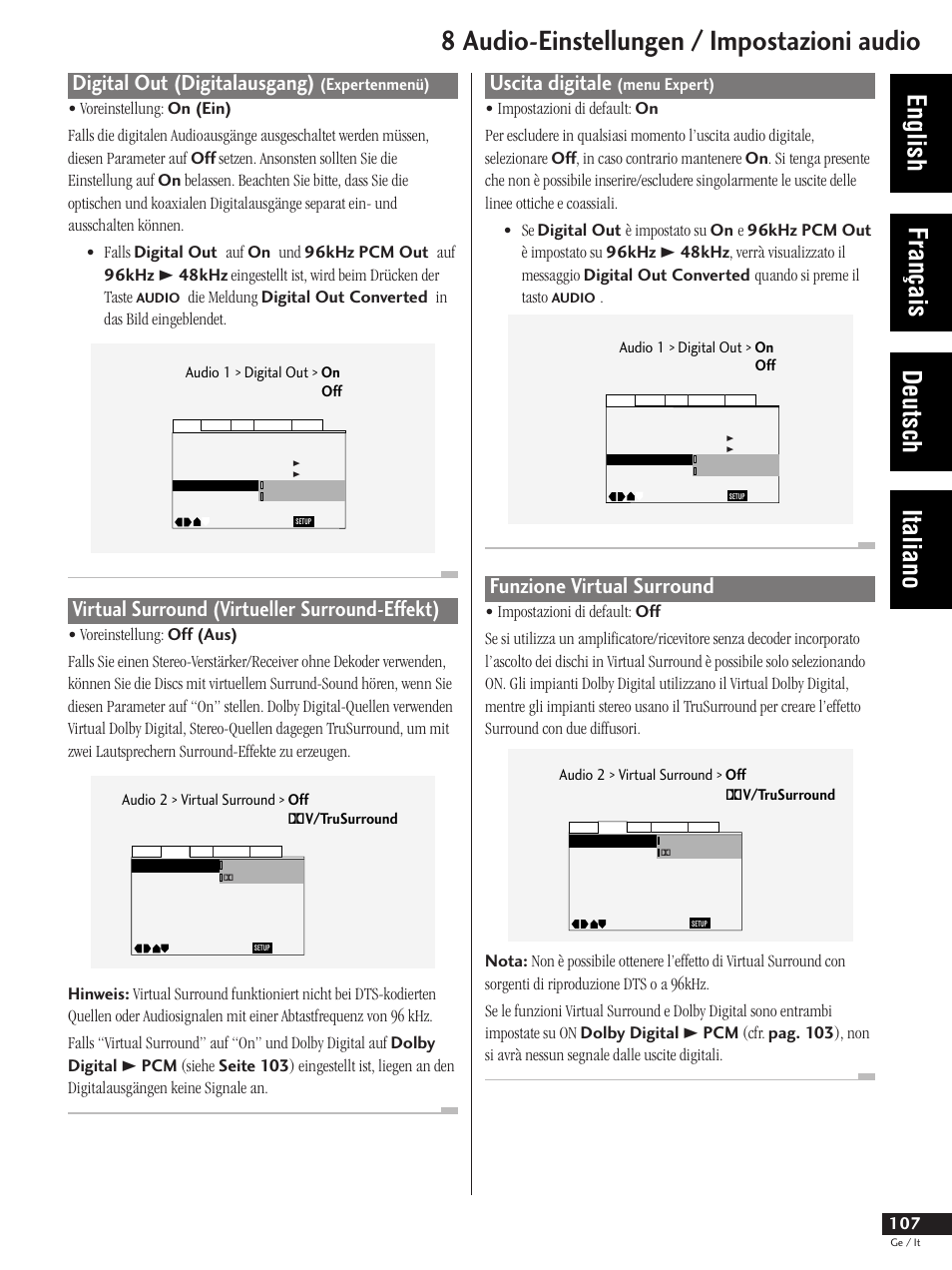 8 audio-einstellungen / impostazioni audio, English français deutsch italiano, Uscita digitale | Funzione virtual surround, Digital out (digitalausgang), Virtual surround (virtueller surround-effekt) | Pioneer DV-737 User Manual | Page 107 / 156