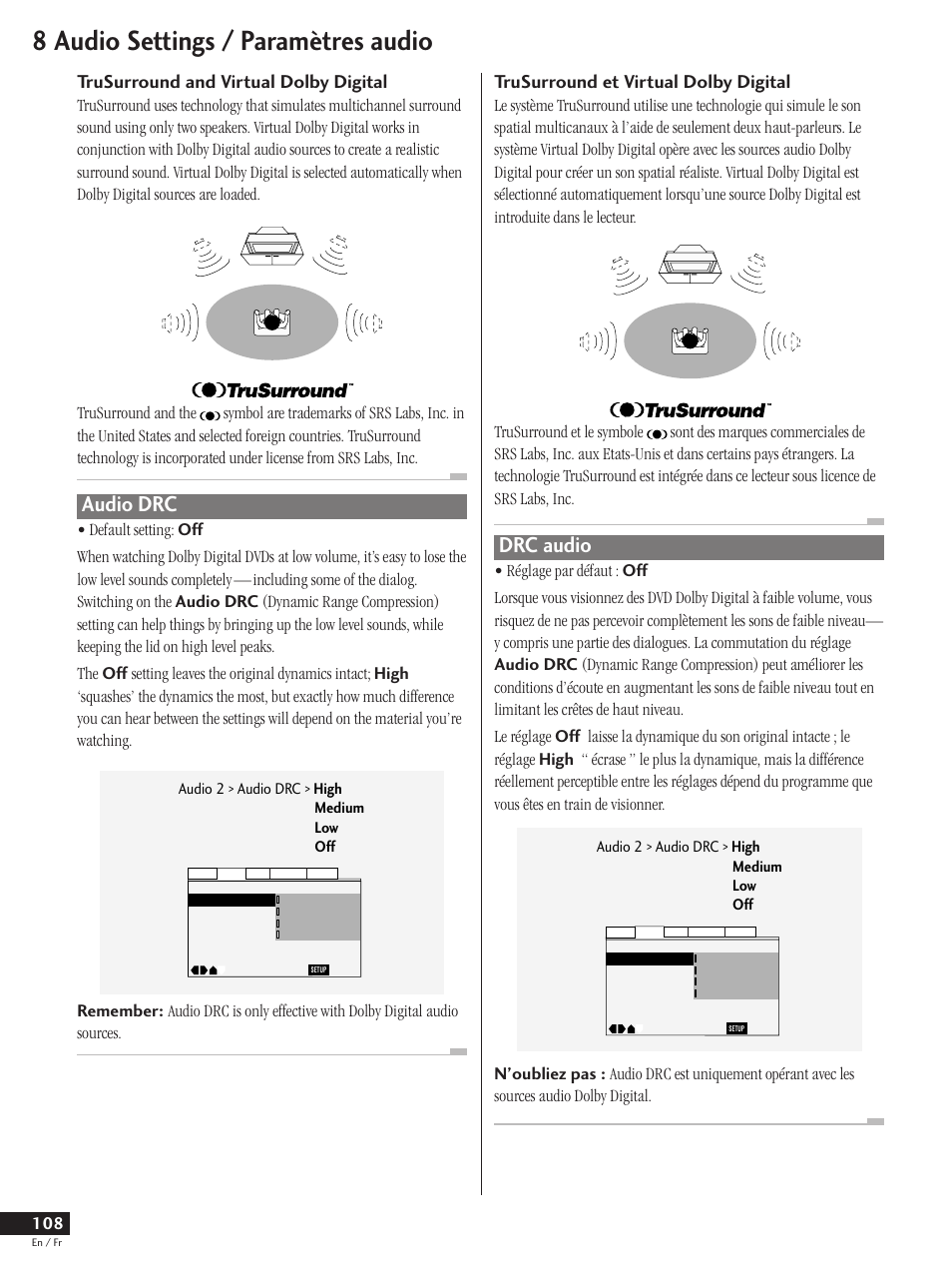 Audio drc, Drc audio, 8 audio settings / paramètres audio | Trusurround and virtual dolby digital, Trusurround et virtual dolby digital | Pioneer DV-737 User Manual | Page 108 / 156