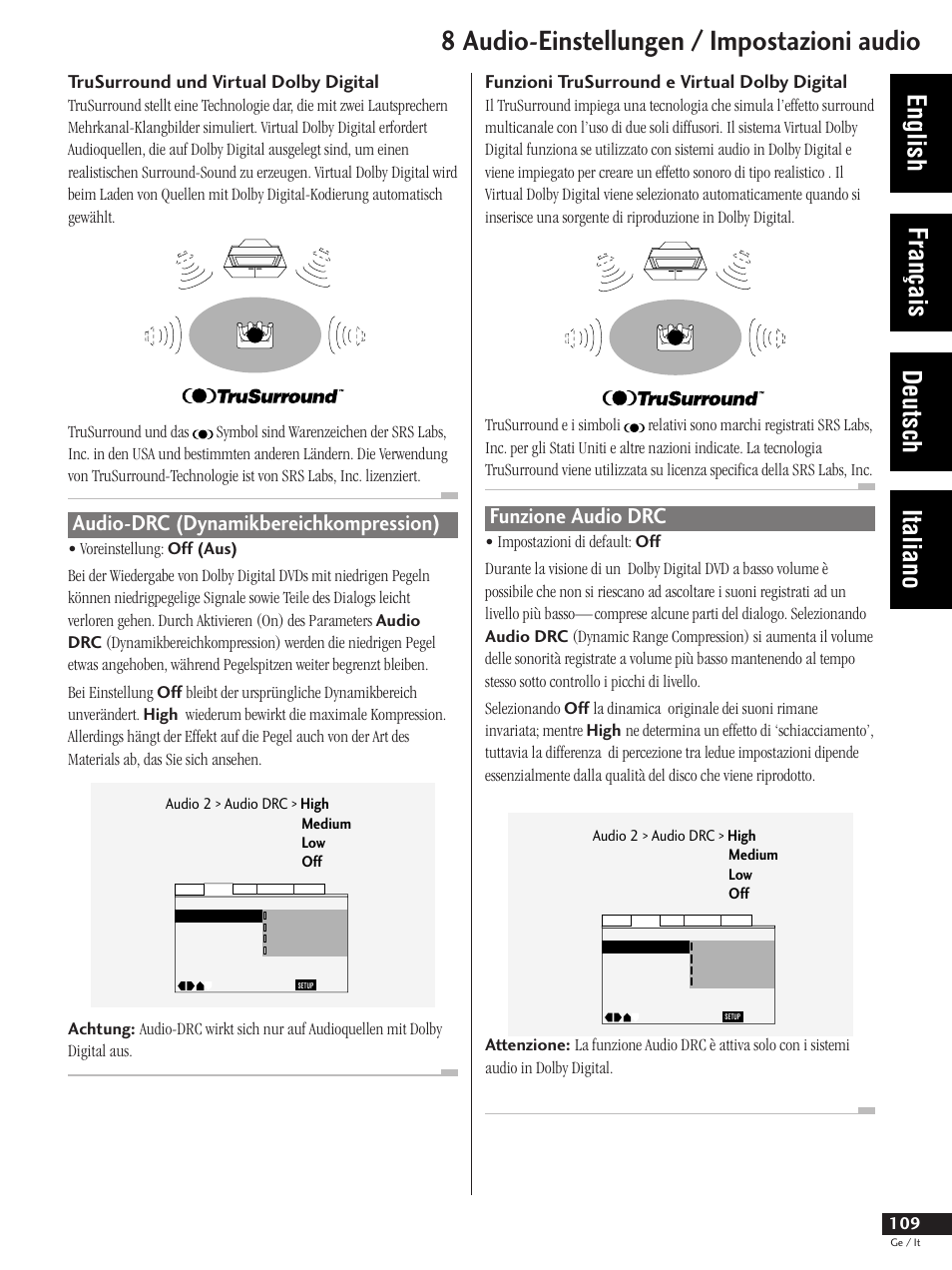 Audio-drc (dynamik bereichkompression), Funzione audio drc, 8 audio-einstellungen / impostazioni audio | English français deutsch italiano, Audio-drc (dynamikbereichkompression), Funzioni trusurround e virtual dolby digital, Trusurround und virtual dolby digital | Pioneer DV-737 User Manual | Page 109 / 156