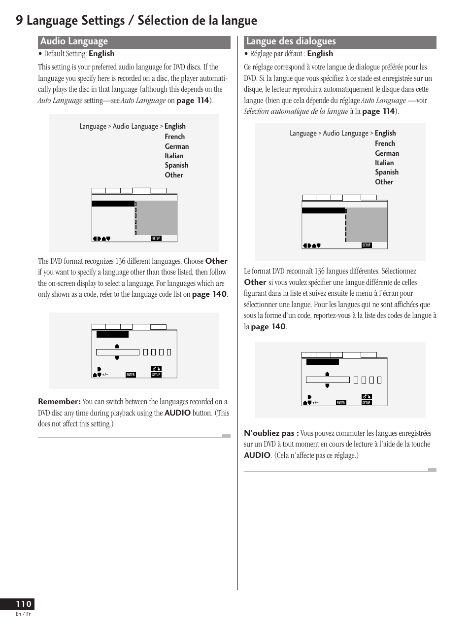 Audio language, Langue des dialogues, 9 language settings / sélection de la langue | Pioneer DV-737 User Manual | Page 110 / 156