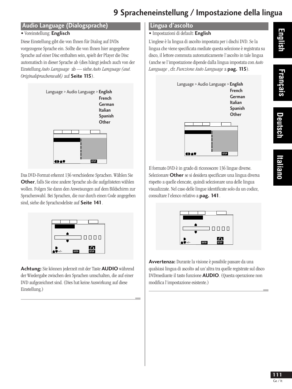 Audio language (dialogsprache), Lingua d’ascolto, 9 spracheneinstellung / impostazione della lingua | English français deutsch italiano | Pioneer DV-737 User Manual | Page 111 / 156