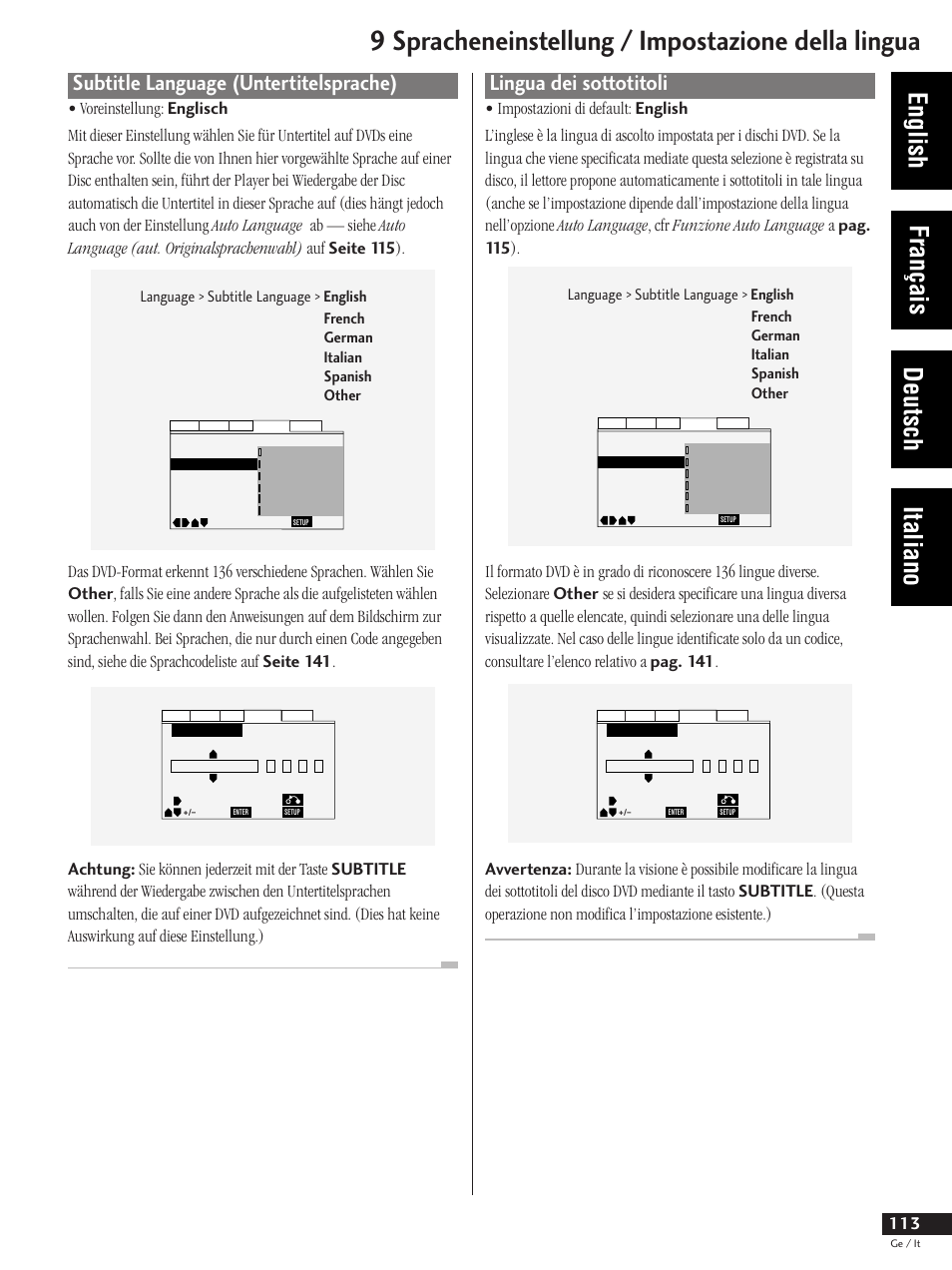 Subtitle language (untertitelsprache), Lingua dei sottotitoli, 9 spracheneinstellung / impostazione della lingua | English français deutsch italiano | Pioneer DV-737 User Manual | Page 113 / 156