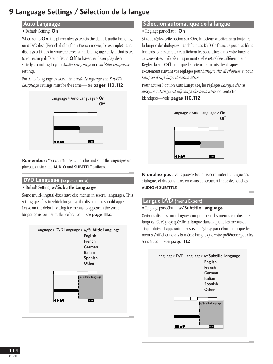 Auto language dvd language (expert menu), 9 language settings / sélection de la langue, Auto language | Dvd language, Sélection automatique de la langue, Langue dvd, Buttons, Language > auto language > on off | Pioneer DV-737 User Manual | Page 114 / 156