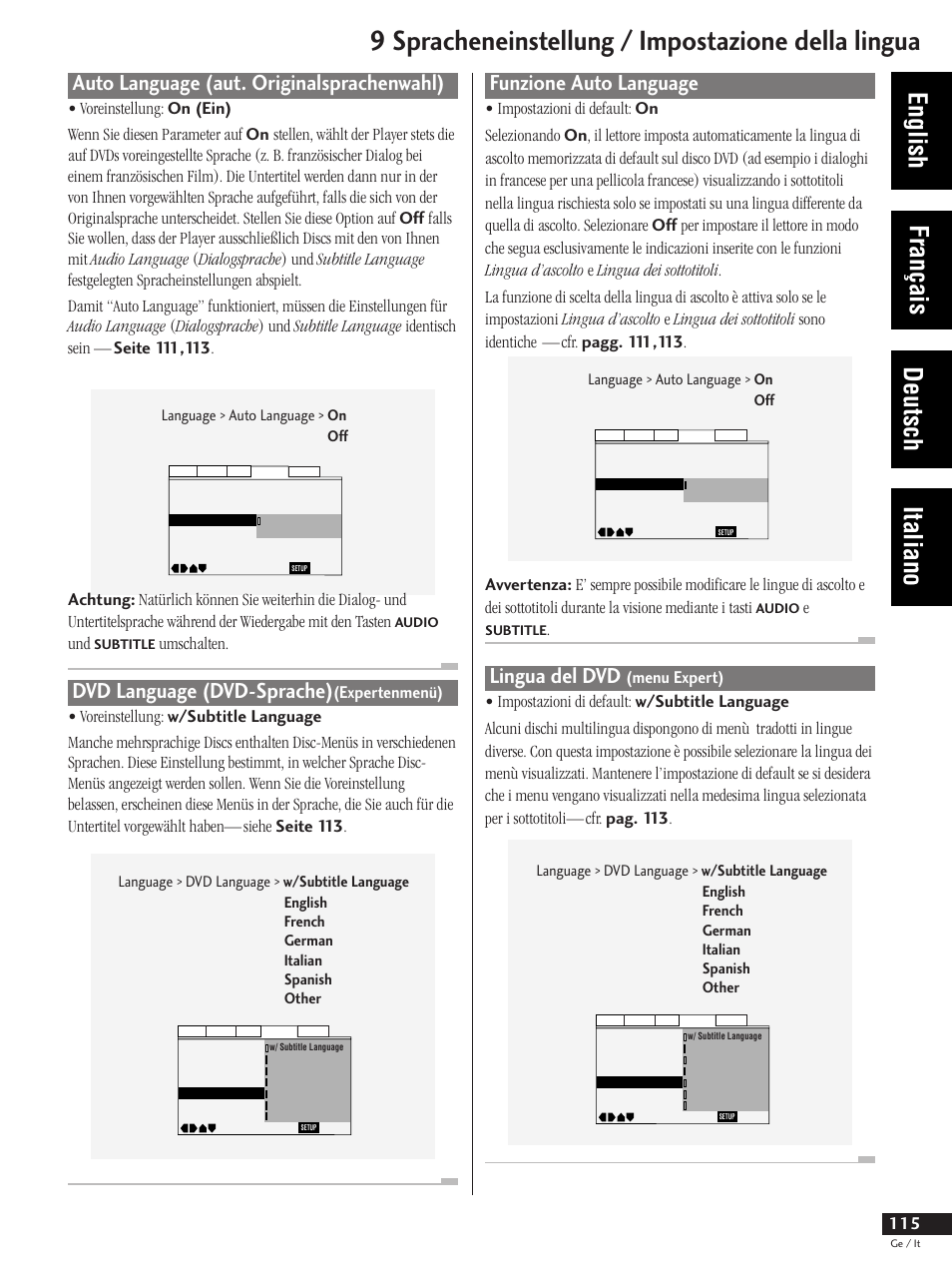 9 spracheneinstellung / impostazione della lingua, English français deutsch italiano, Funzione auto language | Lingua del dvd, Auto language (aut. originalsprachenwahl), Dvd language (dvd-sprache), Umschalten | Pioneer DV-737 User Manual | Page 115 / 156