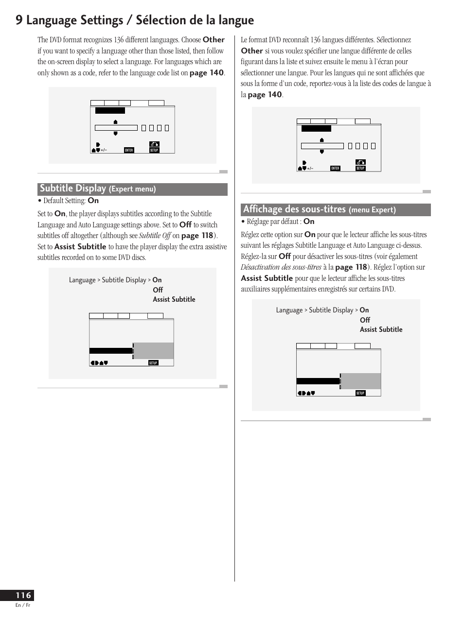 Subtitle display (expert menu), Affichage des sous-titres (menu expert), 9 language settings / sélection de la langue | Subtitle display, Affichage des sous-titres | Pioneer DV-737 User Manual | Page 116 / 156