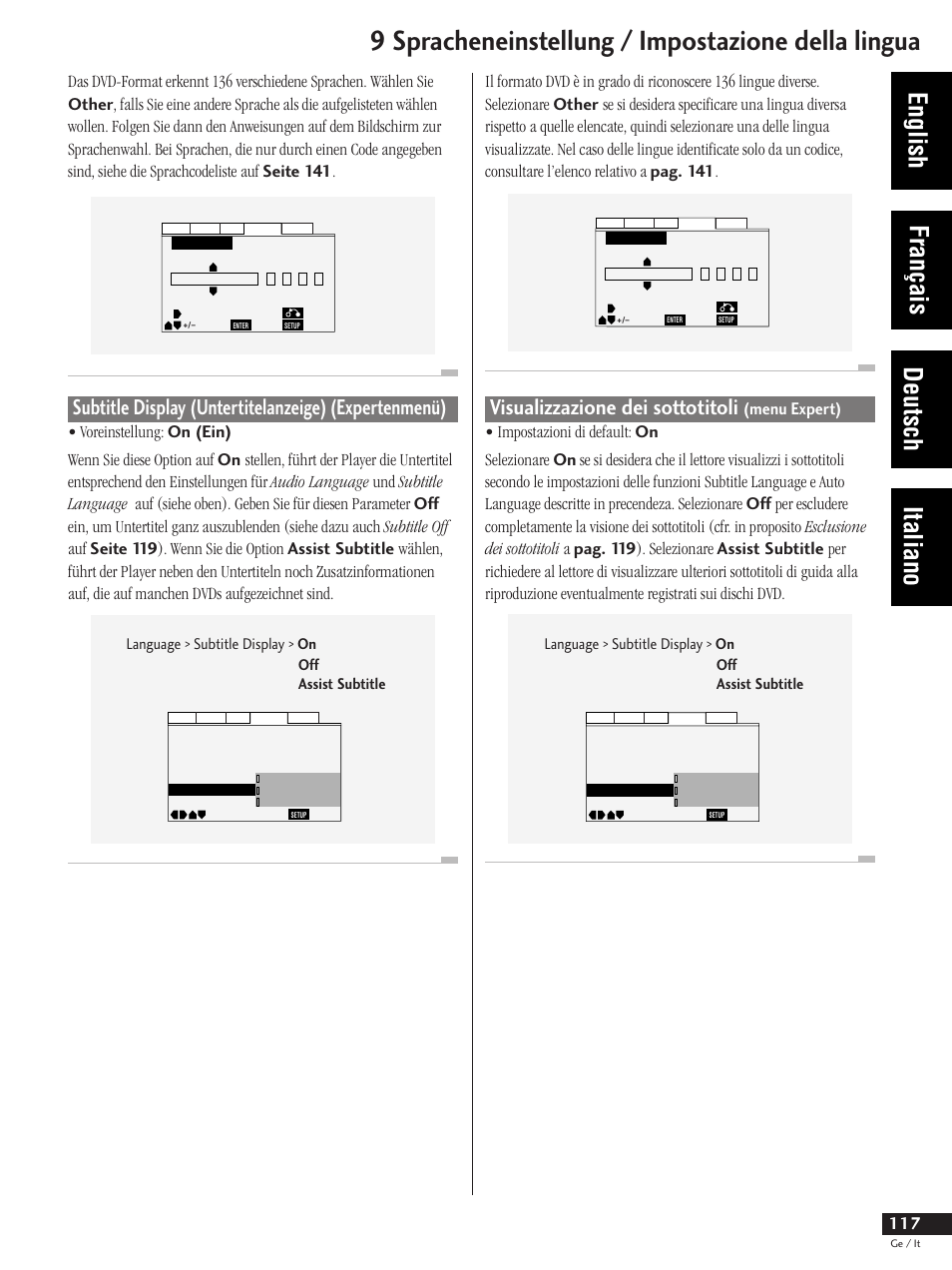 Visualizzazione dei sottotitoli (menu expert), 9 spracheneinstellung / impostazione della lingua, English français deutsch italiano | Visualizzazione dei sottotitoli, Subtitle display (untertitelanzeige), Expertenmenü) | Pioneer DV-737 User Manual | Page 117 / 156