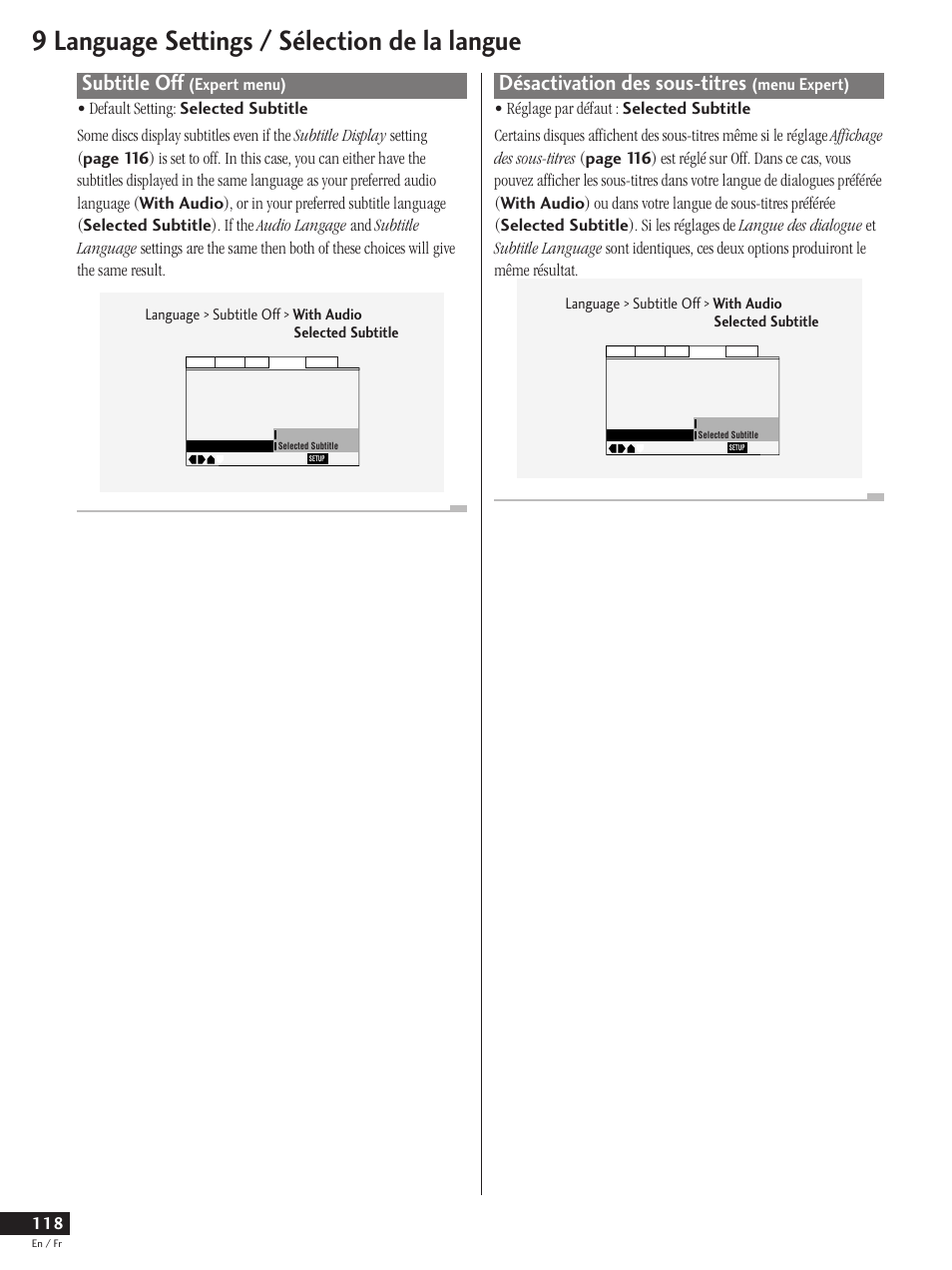 Subtitle off (expert menu), Désactivation des sous-titres (menu expert), 9 language settings / sélection de la langue | Subtitle off, Désactivation des sous-titres | Pioneer DV-737 User Manual | Page 118 / 156