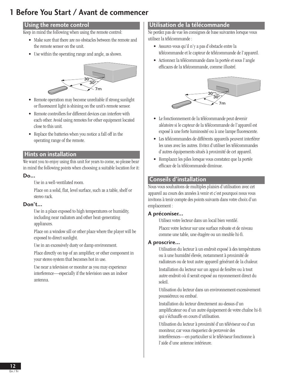 Using the remote control hints on installation, 1 before you start / avant de commencer, Using the remote control | Hints on installation, Utilisation de la télécommande, Conseils d’installation | Pioneer DV-737 User Manual | Page 12 / 156