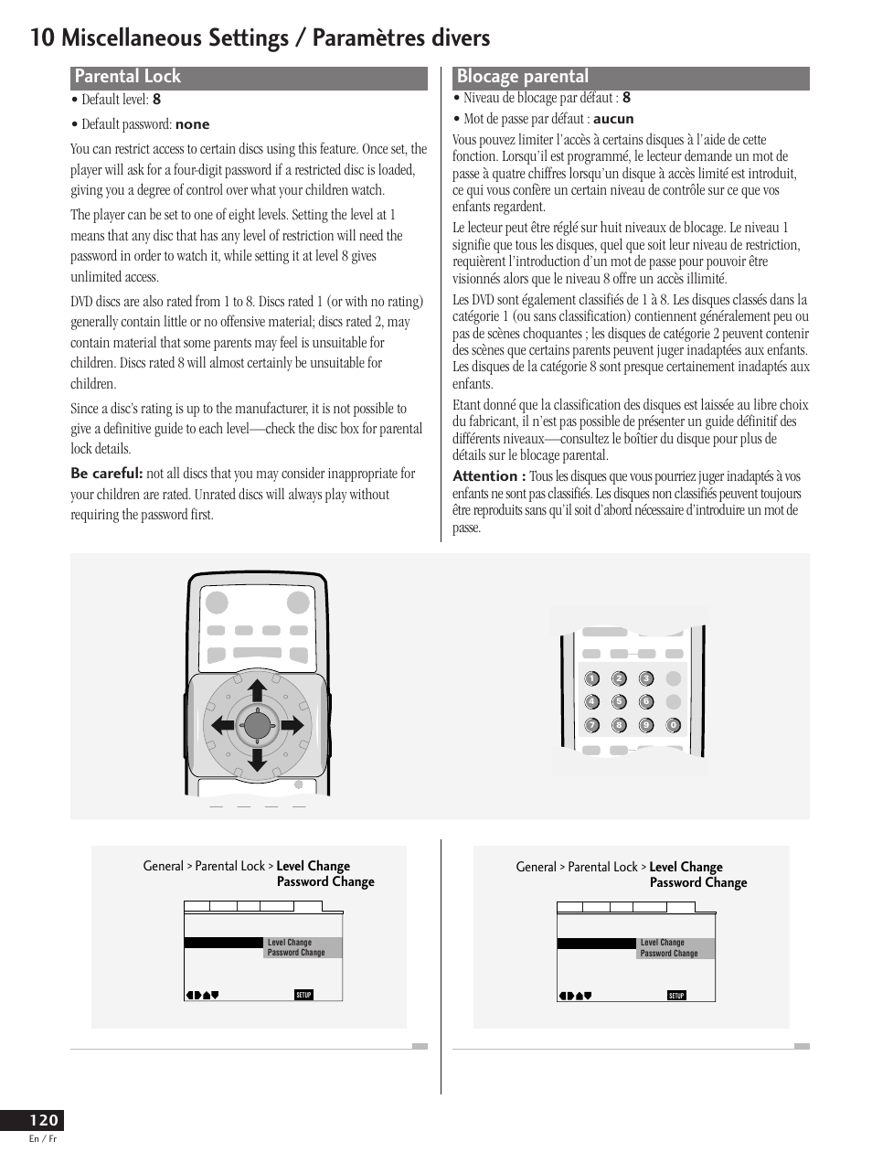 Parental lock, Blocage parental, 10 miscellaneous settings / paramètres divers | Pioneer DV-737 User Manual | Page 120 / 156