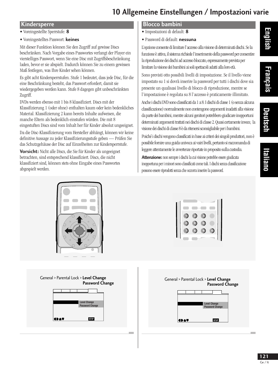 Kindersperre, Blocco bambini, 10 allgemeine einstellungen / impostazioni varie | English français deutsch italiano | Pioneer DV-737 User Manual | Page 121 / 156