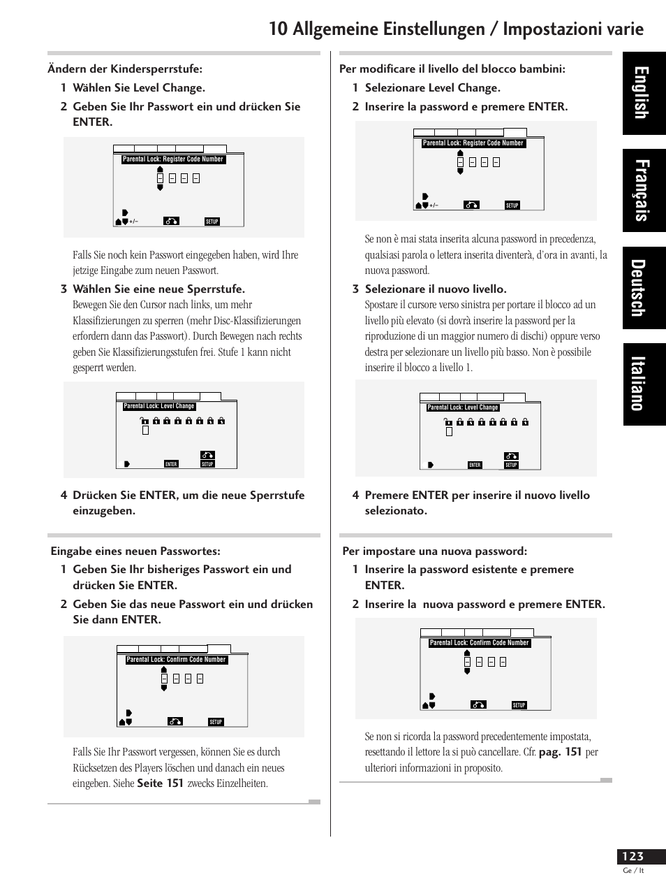 10 allgemeine einstellungen / impostazioni varie, English français deutsch italiano | Pioneer DV-737 User Manual | Page 123 / 156