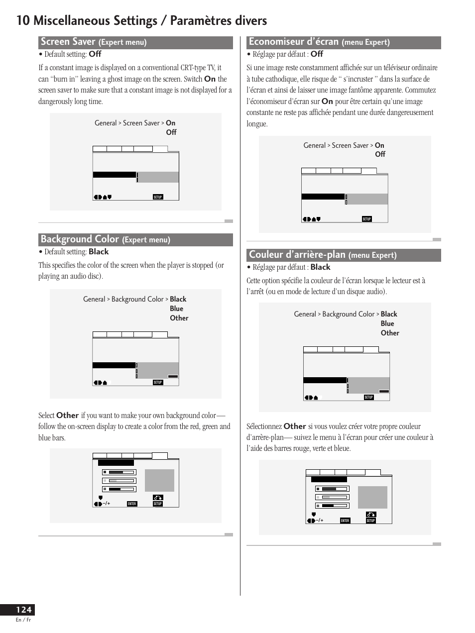 10 miscellaneous settings / paramètres divers, Screen saver, Background color | Economiseur d’écran, Couleur d’arrière-plan, General > screen saver > on off, General > background color > black blue other | Pioneer DV-737 User Manual | Page 124 / 156