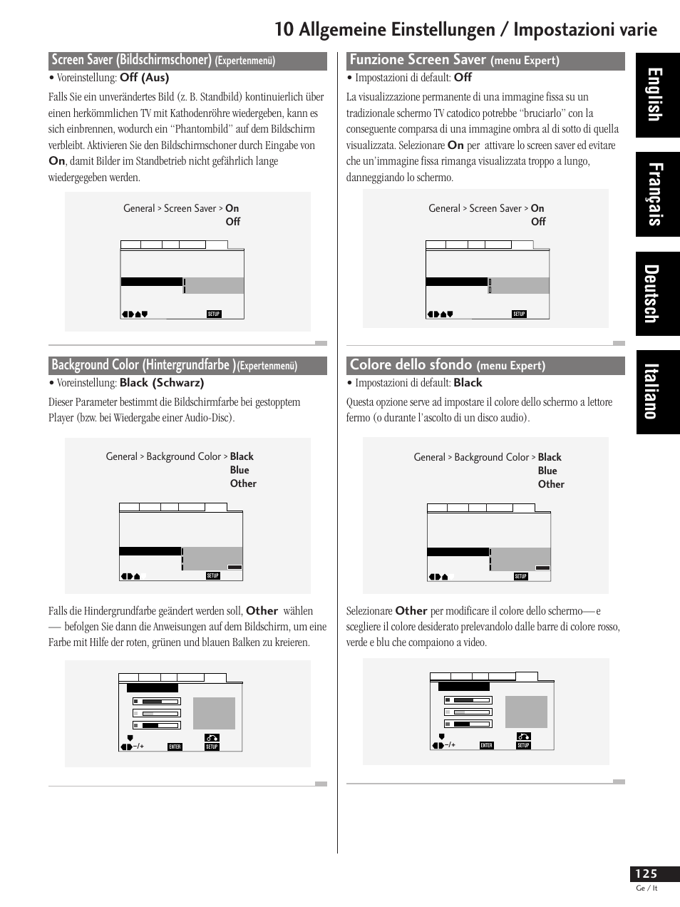 10 allgemeine einstellungen / impostazioni varie, English français deutsch italiano, Funzione screen saver | Colore dello sfondo, Screen saver (bildschirmschoner), Background color (hintergrundfarbe ), General > screen saver > on off, General > background color > black blue other | Pioneer DV-737 User Manual | Page 125 / 156