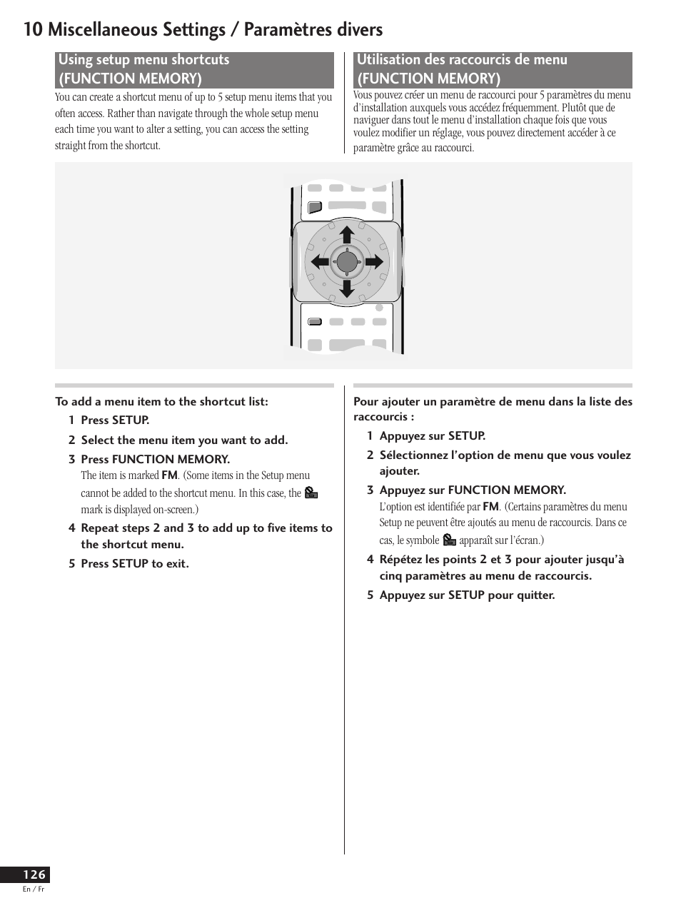 Using setup menu shortcuts (function memory), 10 miscellaneous settings / paramètres divers | Pioneer DV-737 User Manual | Page 126 / 156