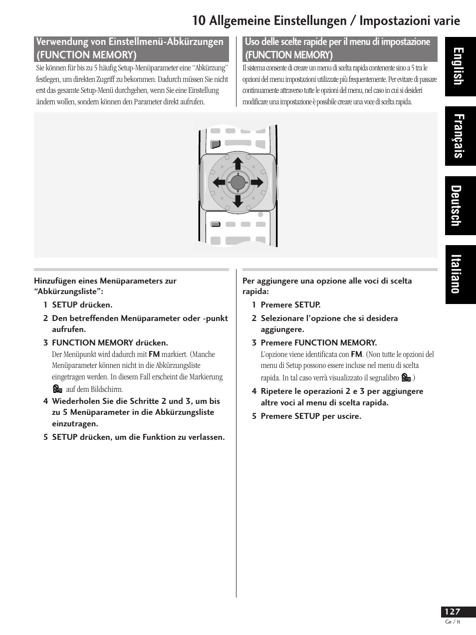 10 allgemeine einstellungen / impostazioni varie, English français deutsch italiano | Pioneer DV-737 User Manual | Page 127 / 156