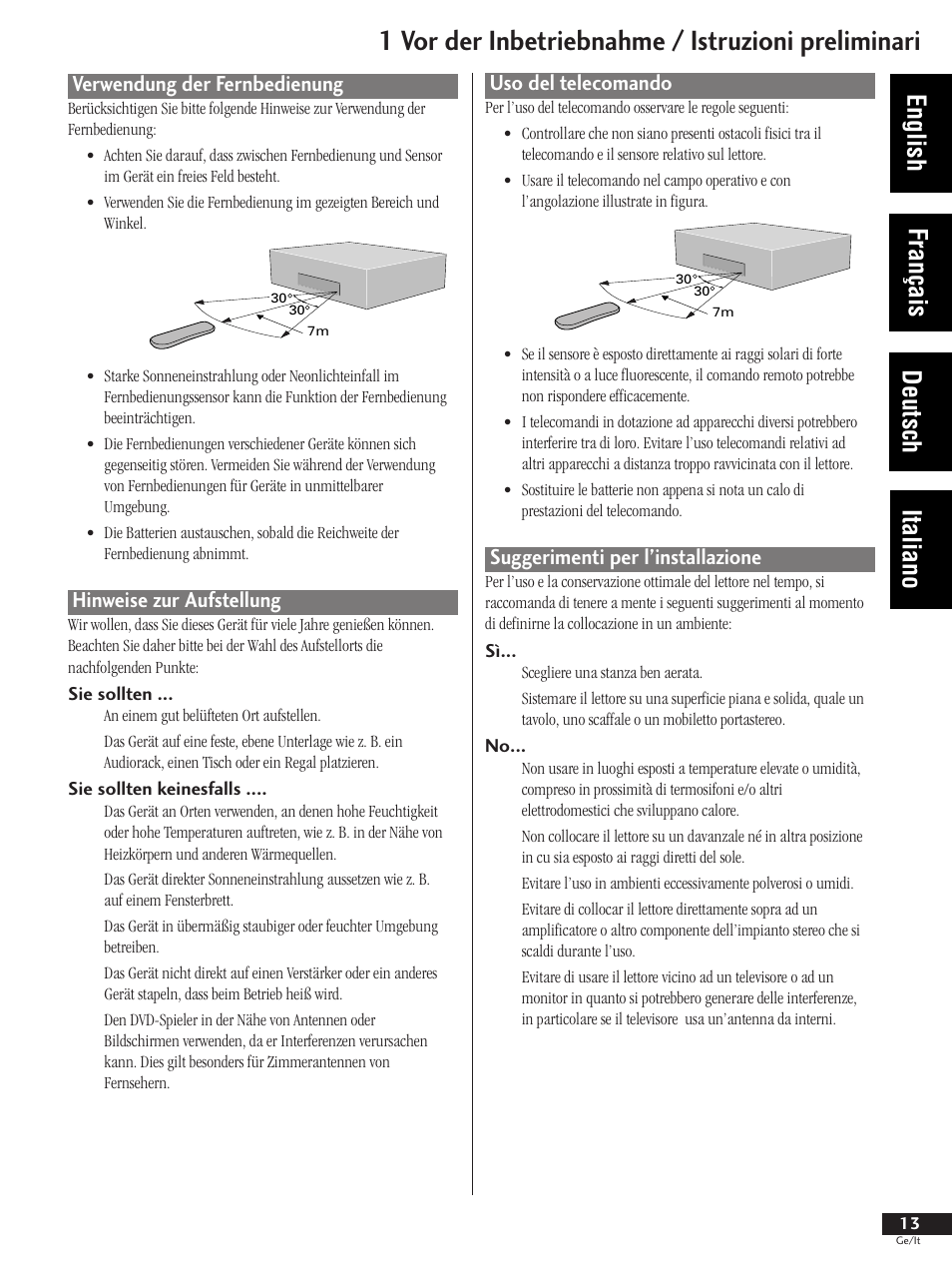 1 vor der inbetriebnahme / istruzioni preliminari, English français deutsch italiano, Uso del telecomando | Suggerimenti per l’installazione, Verwendung der fernbedienung, Hinweise zur aufstellung | Pioneer DV-737 User Manual | Page 13 / 156