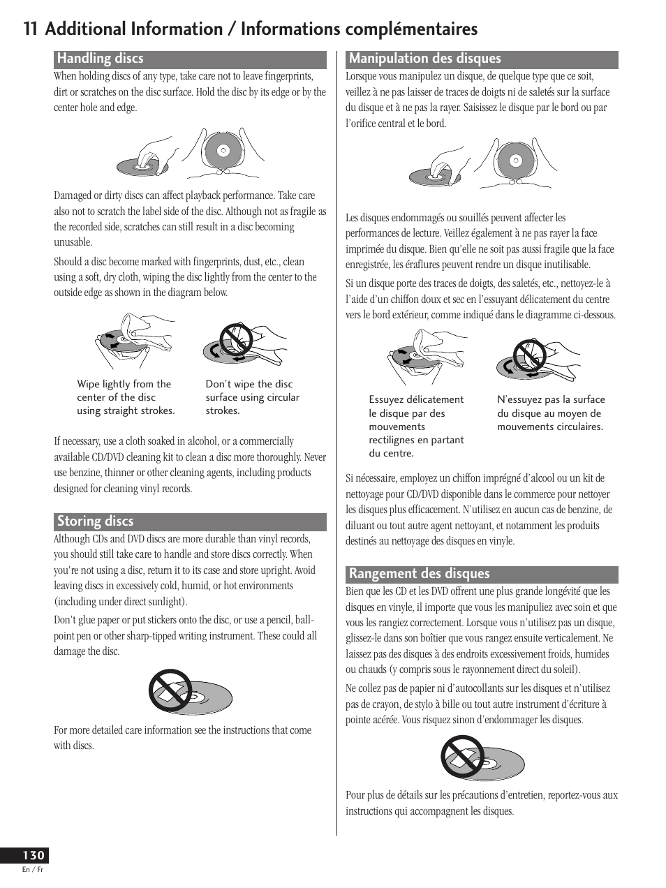 Handling discs storing discs, Manipulation des disques rangement des disques, Handling discs | Storing discs, Manipulation des disques, Rangement des disques | Pioneer DV-737 User Manual | Page 130 / 156