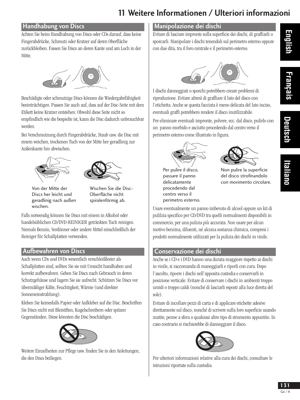 Handhabung von discs aufbewahren von discs, Manipolazione dei dischi conservazione dei dischi, 11 weitere informationen / ulteriori informazioni | English français deutsch italiano | Pioneer DV-737 User Manual | Page 131 / 156