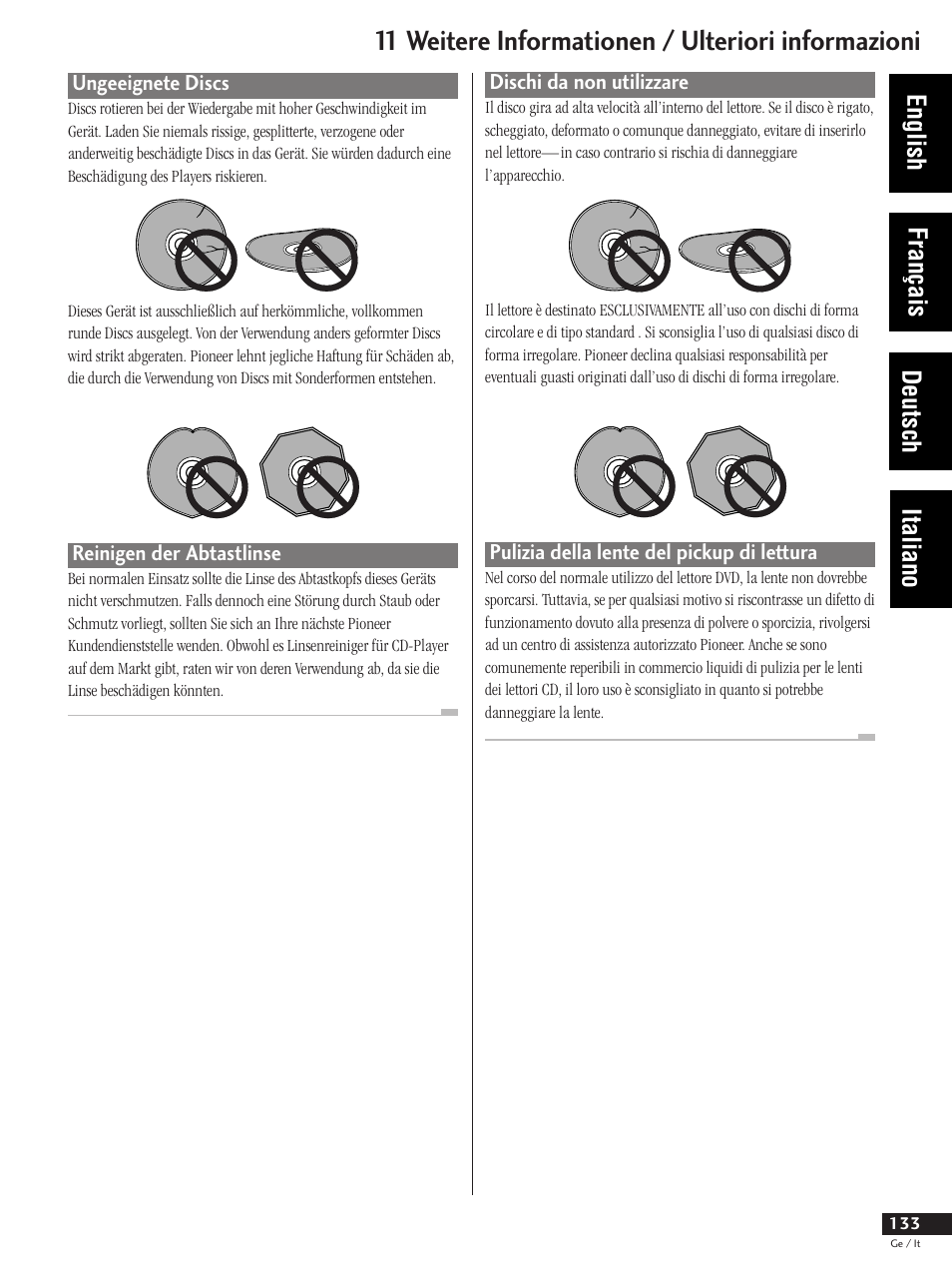 Ungeeignete discs reinigen der abtastlinse, 11 weitere informationen / ulteriori informazioni, English français deutsch italiano | Pioneer DV-737 User Manual | Page 133 / 156