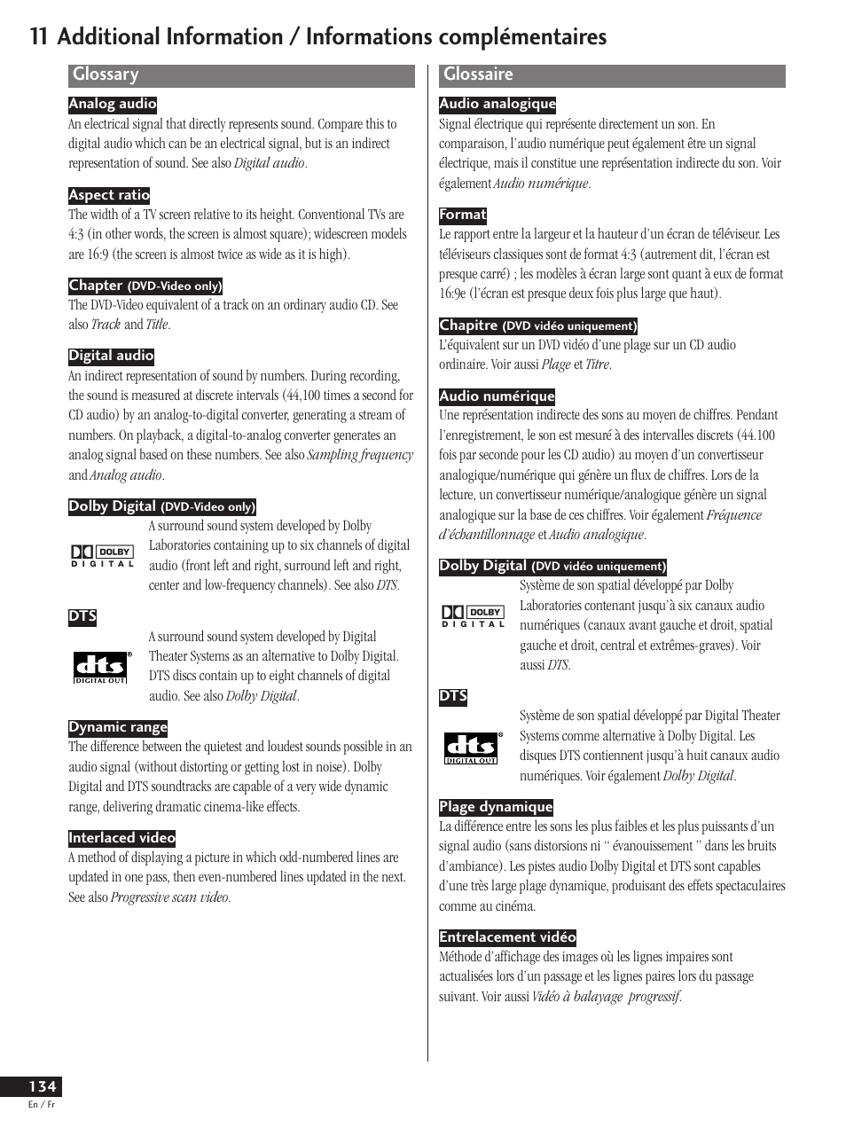 Glossary, Glossaire | Pioneer DV-737 User Manual | Page 134 / 156