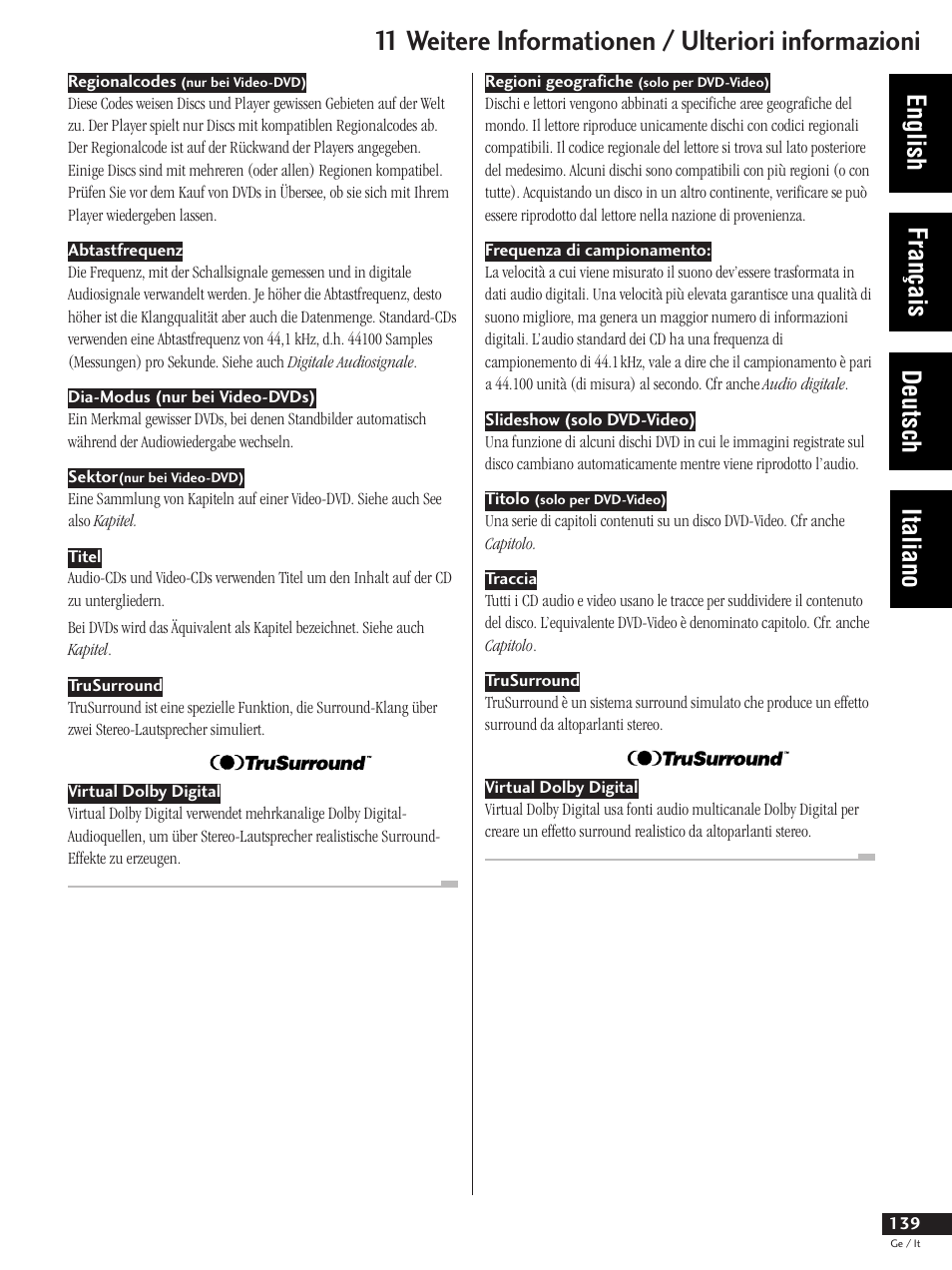 11 weitere informationen / ulteriori informazioni, English français deutsch italiano | Pioneer DV-737 User Manual | Page 139 / 156