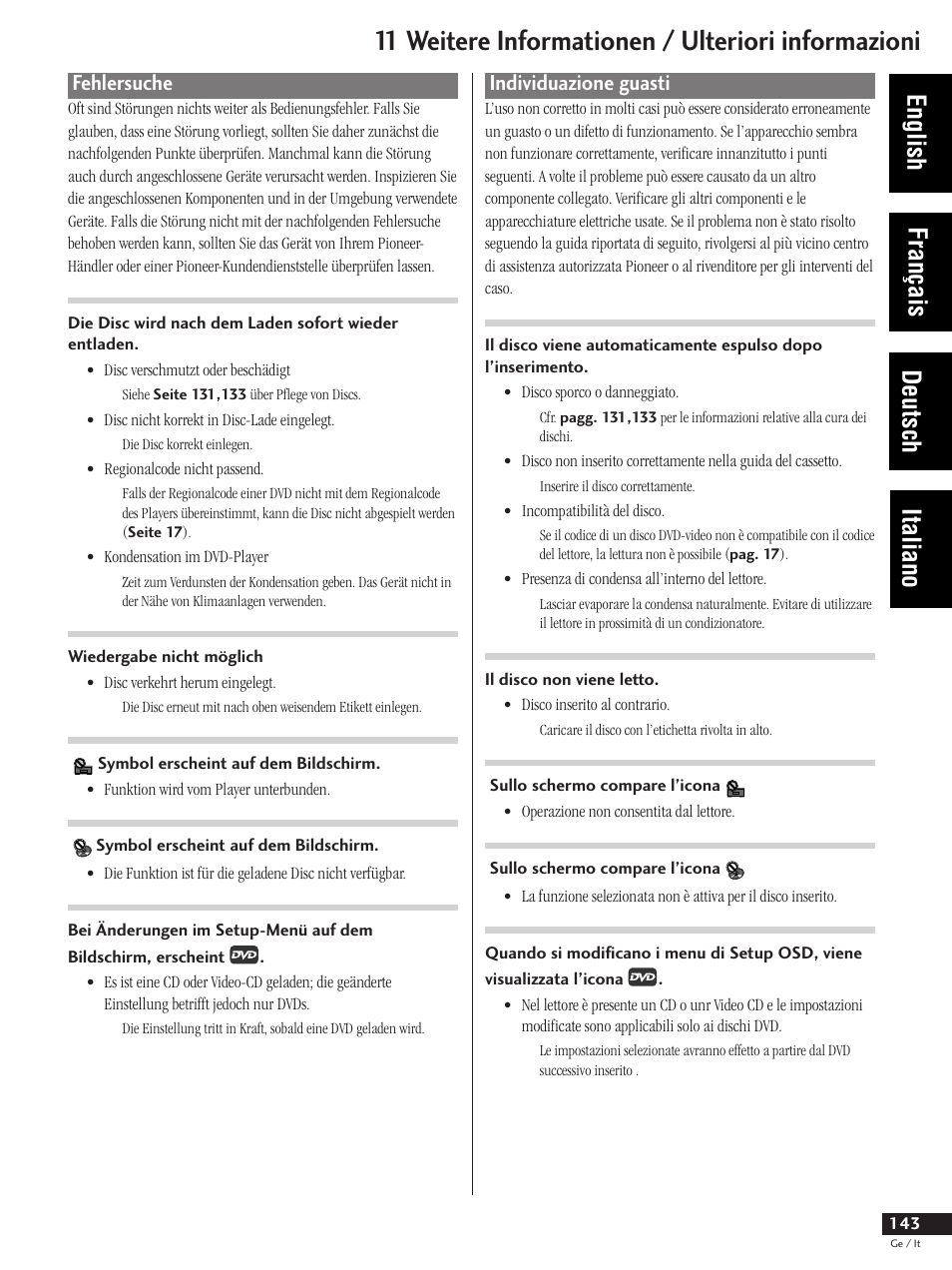 Fehlersuche, Individuazione guasti, 11 weitere informationen / ulteriori informazioni | English français deutsch italiano | Pioneer DV-737 User Manual | Page 143 / 156