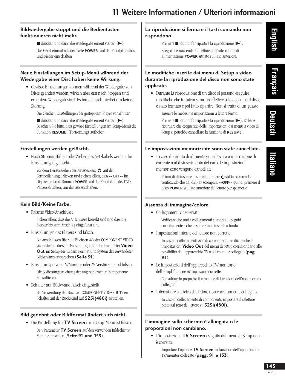 11 weitere informationen / ulteriori informazioni, English français deutsch italiano | Pioneer DV-737 User Manual | Page 145 / 156