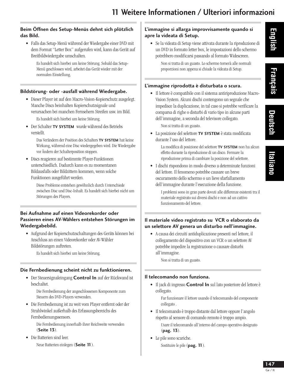 11 weitere informationen / ulteriori informazioni, English français deutsch italiano | Pioneer DV-737 User Manual | Page 147 / 156