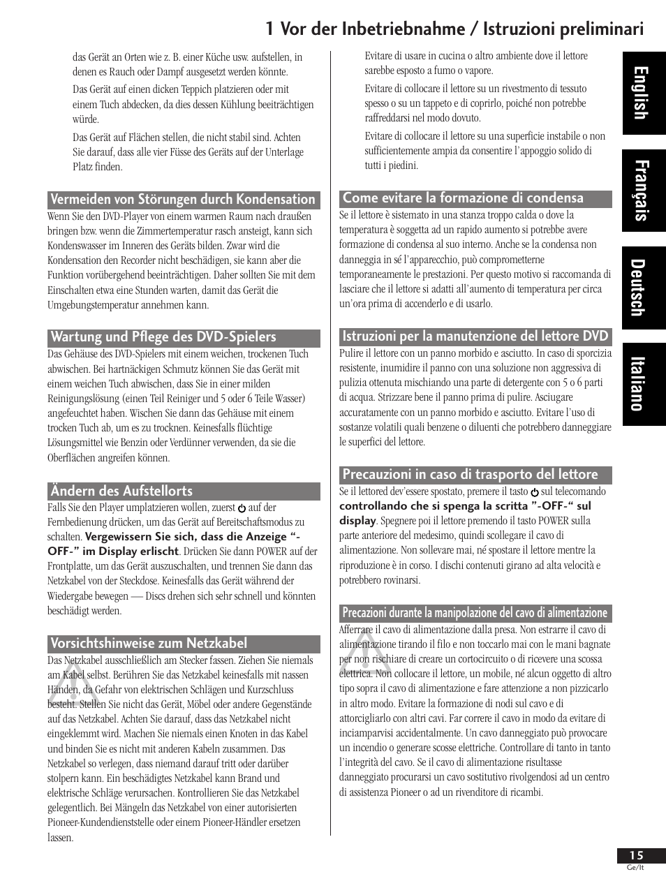 1 vor der inbetriebnahme / istruzioni preliminari, English français deutsch italiano | Pioneer DV-737 User Manual | Page 15 / 156