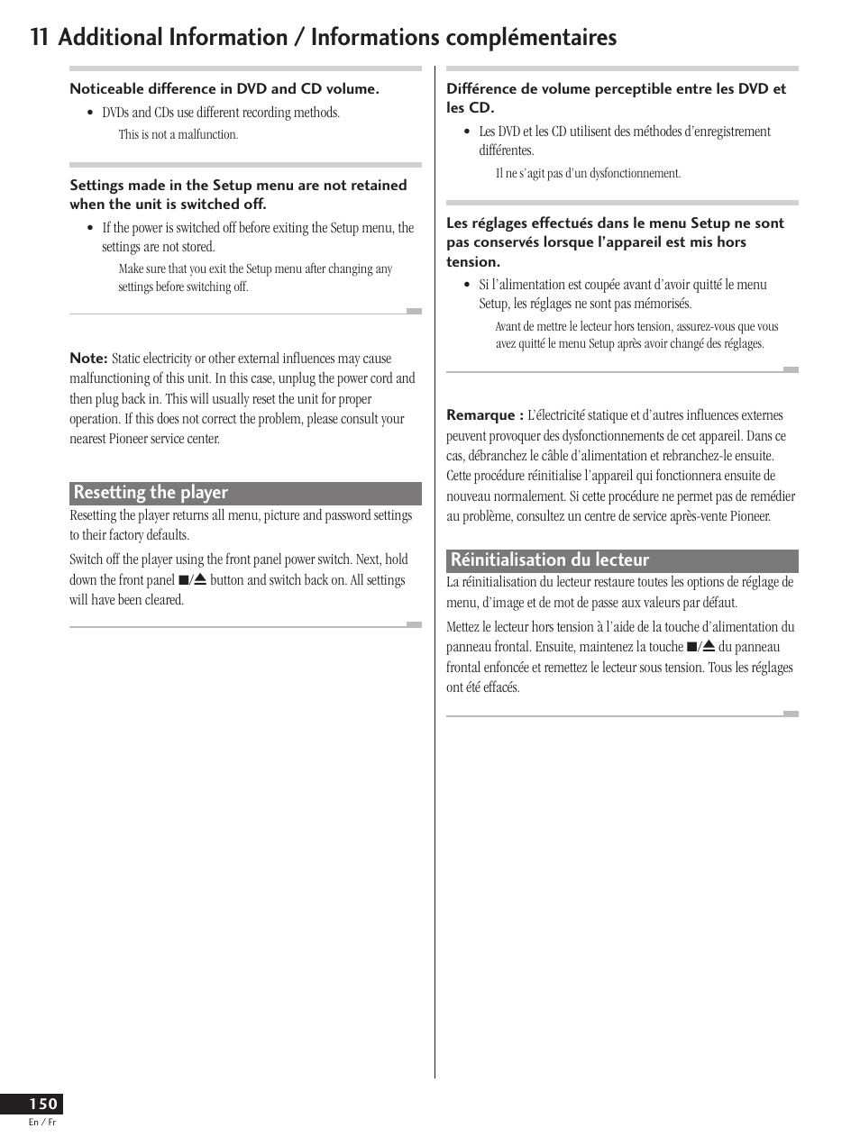 Resetting the player, Réinitialisation du lecteur | Pioneer DV-737 User Manual | Page 150 / 156