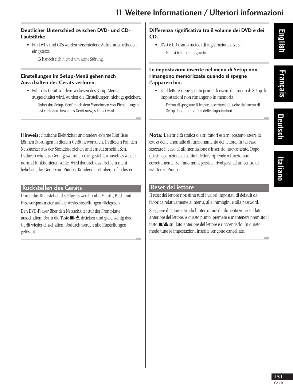 Rückstellen des geräts, Reset del lettore, 11 weitere informationen / ulteriori informazioni | English français deutsch italiano | Pioneer DV-737 User Manual | Page 151 / 156