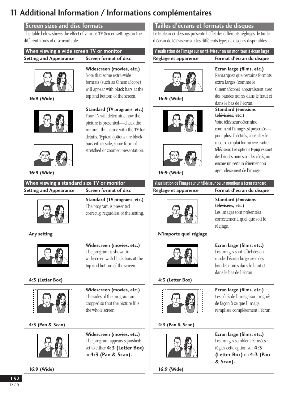 Screen sizes and disc formats, Tailles d’écrans et formats de disques | Pioneer DV-737 User Manual | Page 152 / 156