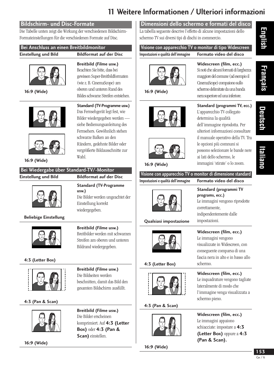 Bildschirm- und disc-formate, Dimensioni dello schermo e formati del disco, 11 weitere informationen / ulteriori informazioni | English français deutsch italiano | Pioneer DV-737 User Manual | Page 153 / 156