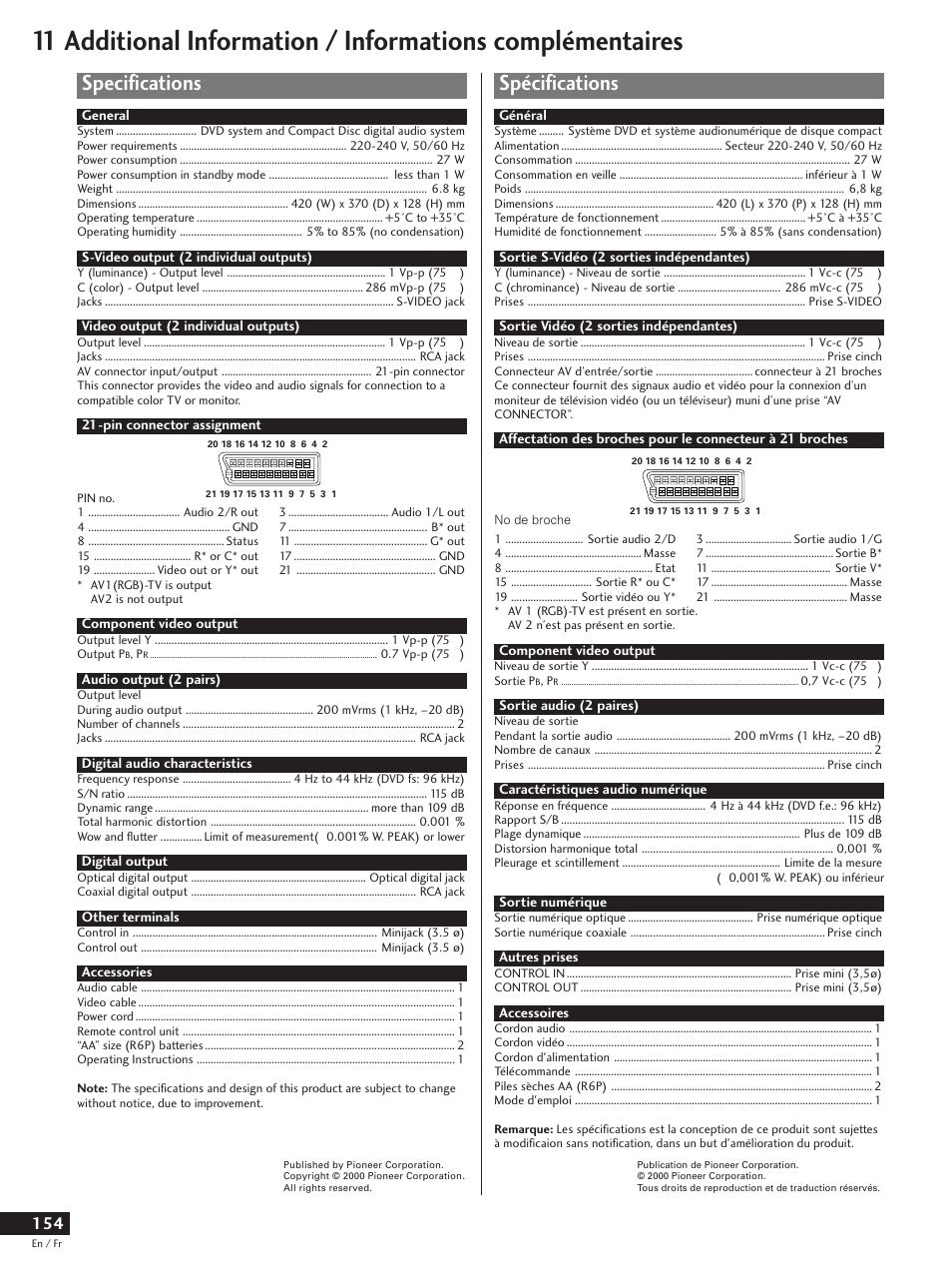 Specifications, Spécifications | Pioneer DV-737 User Manual | Page 154 / 156