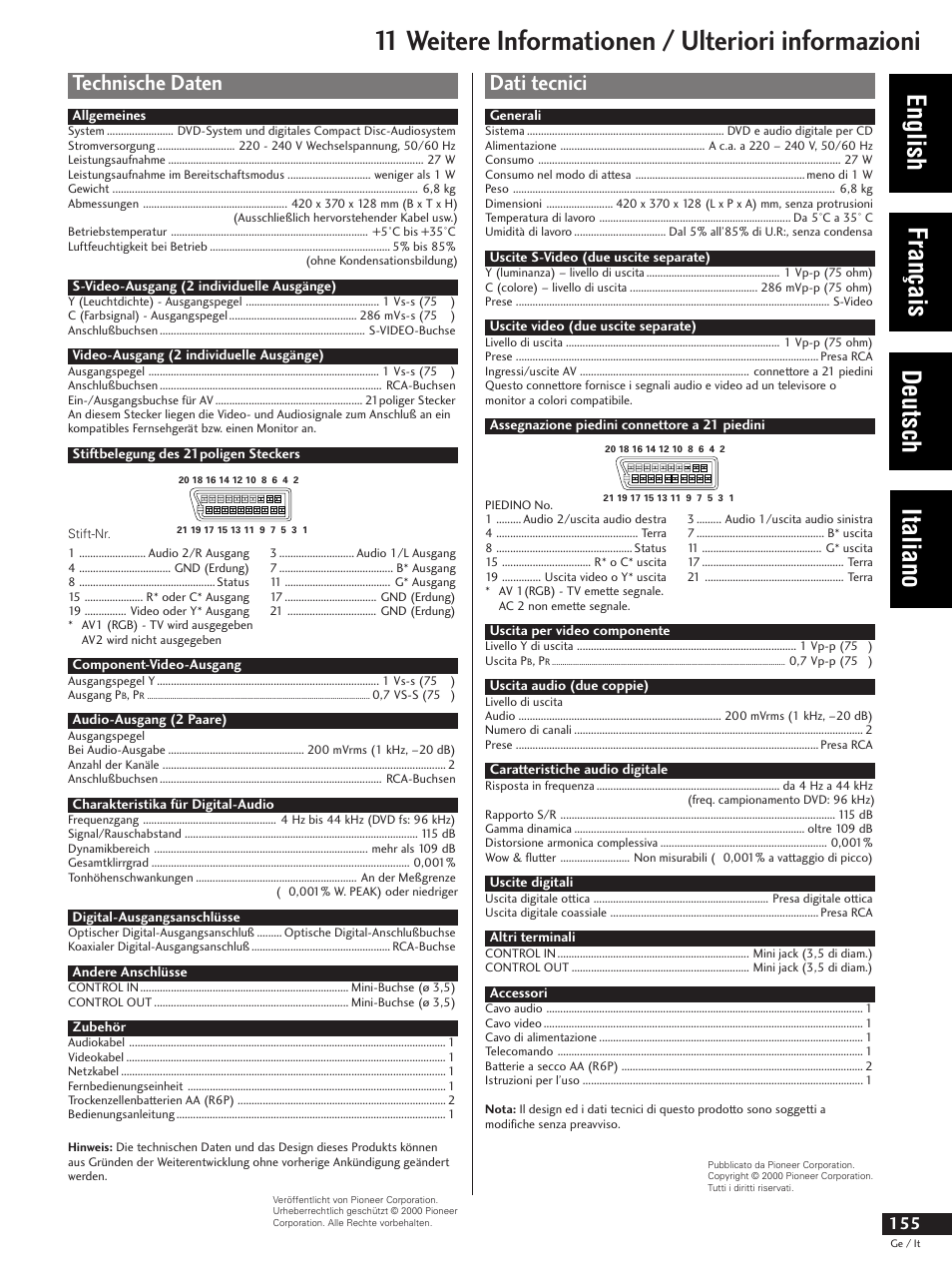 Technische daten, Dati tecnici, 11 weitere informationen / ulteriori informazioni | English français deutsch italiano | Pioneer DV-737 User Manual | Page 155 / 156