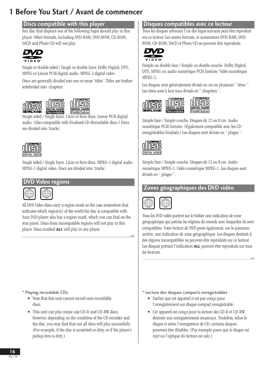 1 before you start / avant de commencer, Discs compatible with this player, Dvd video regions | Disques compatibles avec ce lecteur, Zones géographiques des dvd vidéo | Pioneer DV-737 User Manual | Page 16 / 156