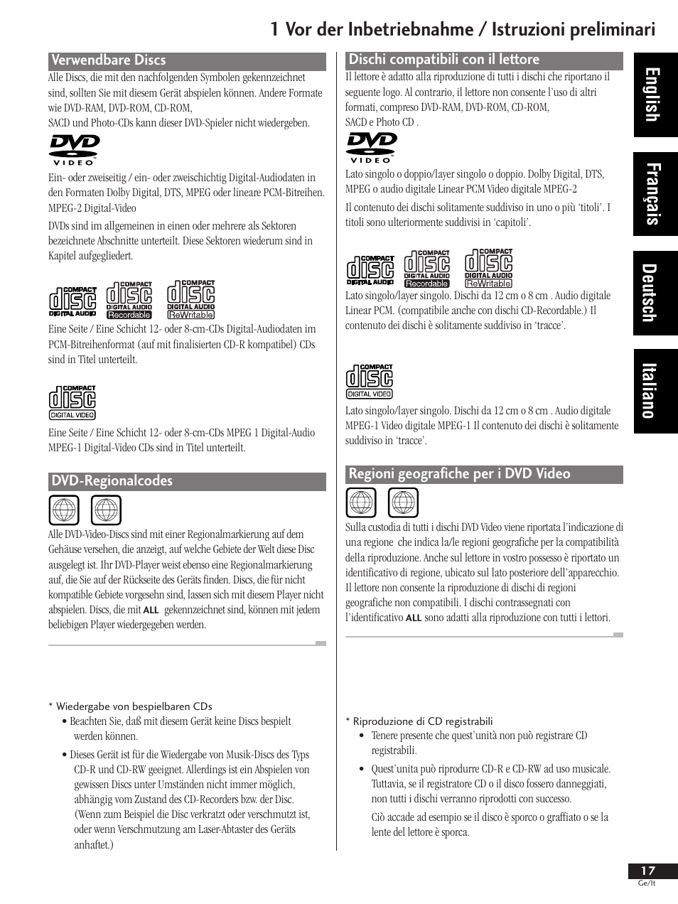 Verwendbare discs dvd-regionalcodes, 1 vor der inbetriebnahme / istruzioni preliminari, English français deutsch italiano | Dischi compatibili con il lettore, Regioni geografiche per i dvd video, Verwendbare discs, Dvd-regionalcodes | Pioneer DV-737 User Manual | Page 17 / 156