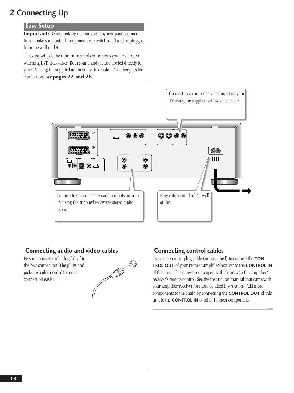 Easy setup, 2 connecting up, Connecting audio and video cables | Connecting control cables, Of your pioneer amplifier/receiver to the, Of this unit to the, Of other pioneer components | Pioneer DV-737 User Manual | Page 18 / 156