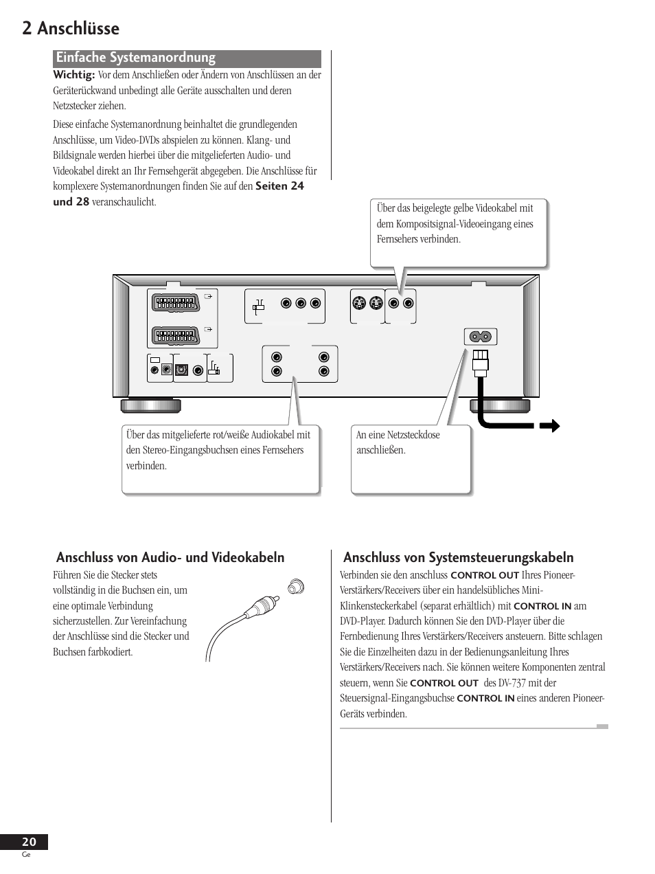 Einfache systemanordnung, 2 anschlüsse, Anschluss von audio- und videokabeln | Anschluss von systemsteuerungskabeln, Verbinden sie den anschluss, Des dv-737 mit der steuersignal-eingangsbuchse | Pioneer DV-737 User Manual | Page 20 / 156