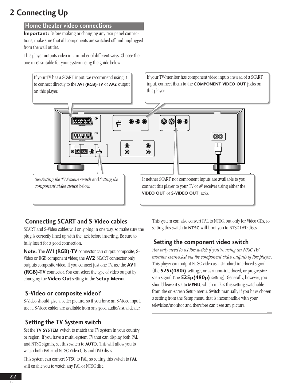 Home theater video connections, 2 connecting up, Connecting scart and s-video cables | S-video or composite video, Setting the tv system switch, Setting the component video switch, Set the, Will limit you to ntsc dvd discs | Pioneer DV-737 User Manual | Page 22 / 156