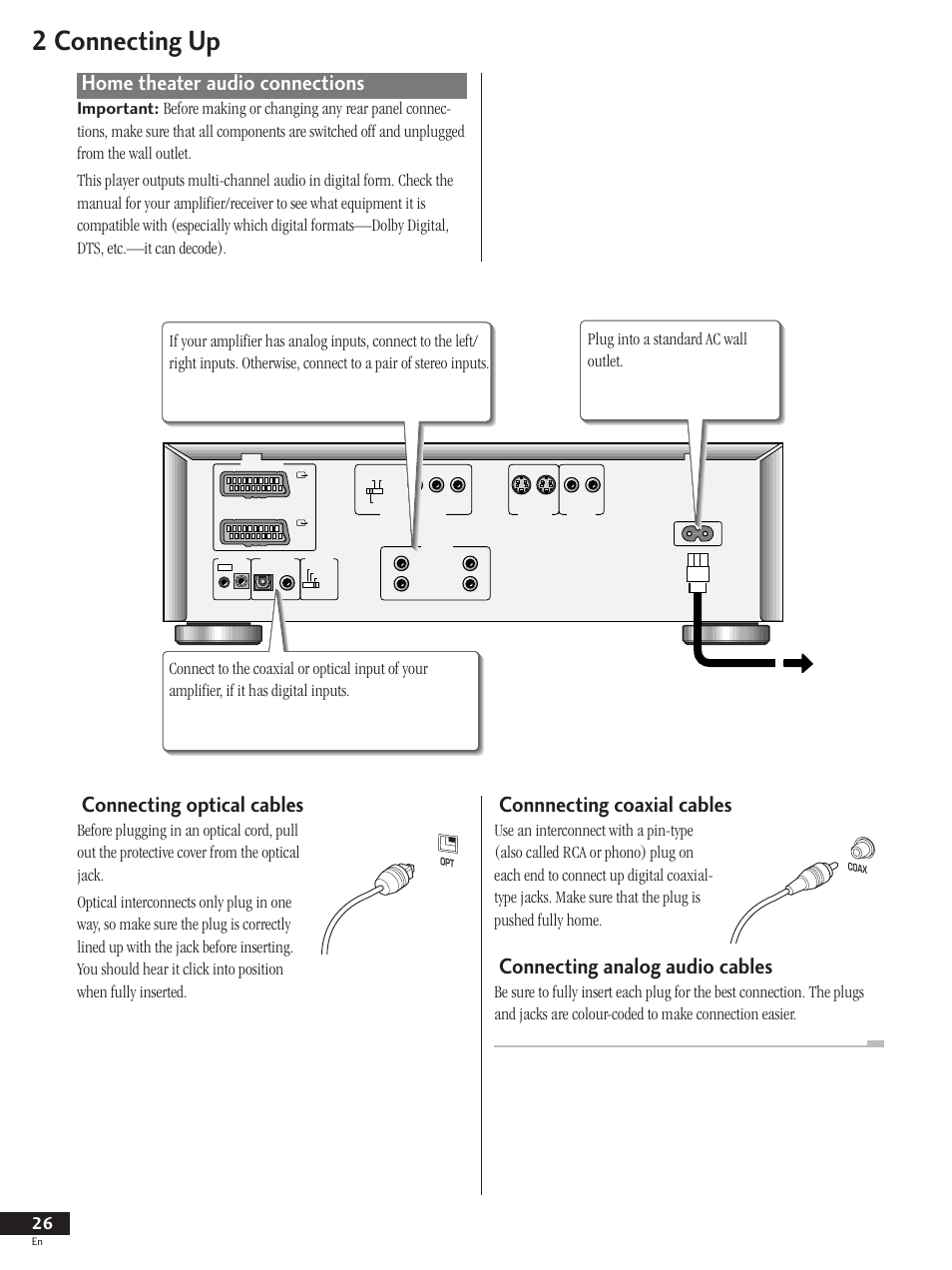 Home theater audio connections, 2 connecting up, Connecting optical cables | Connnecting coaxial cables, Connecting analog audio cables | Pioneer DV-737 User Manual | Page 26 / 156