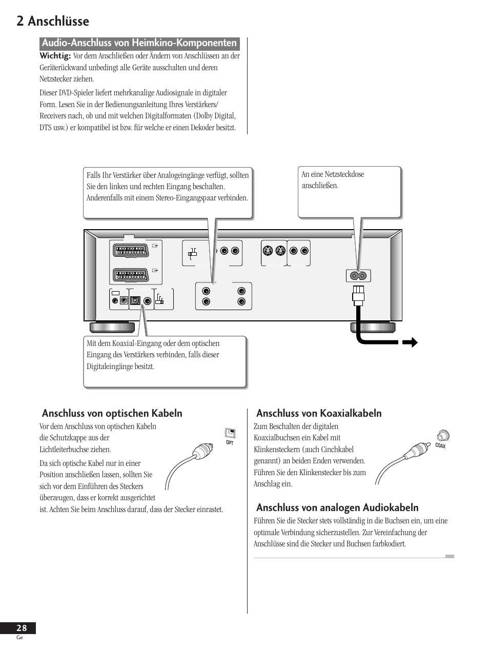 Audio-anschluss von heimkino-komponenten, 2 anschlüsse, Anschluss von optischen kabeln | Anschluss von koaxialkabeln, Anschluss von analogen audiokabeln | Pioneer DV-737 User Manual | Page 28 / 156