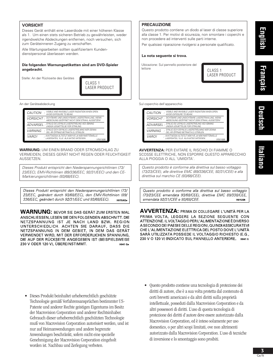 1 vor der inbetriebnahme / istruzioni preliminari, English français deutsch italiano | Pioneer DV-737 User Manual | Page 3 / 156