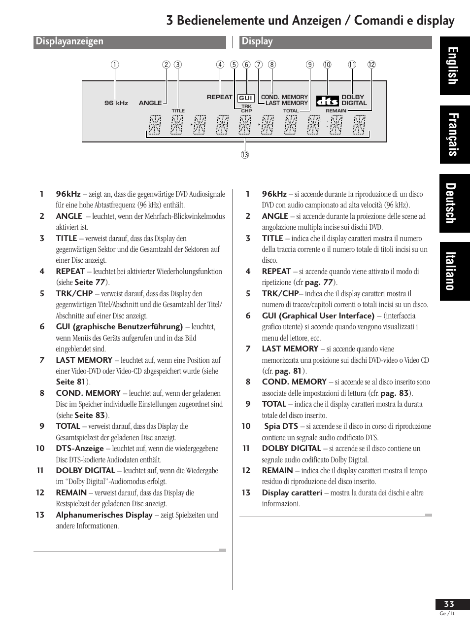 Displayanzeigen, Display, 3 bedienelemente und anzeigen / comandi e display | English français deutsch italiano | Pioneer DV-737 User Manual | Page 33 / 156